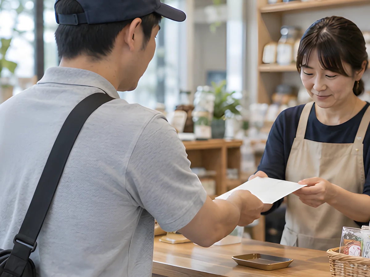 ヤマト運輸のセールスドライバーが店舗のお客様にチラシを手渡している様子