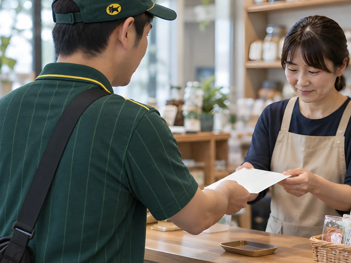 ヤマト運輸のセールスドライバーが店舗のお客様にチラシを手渡している様子
